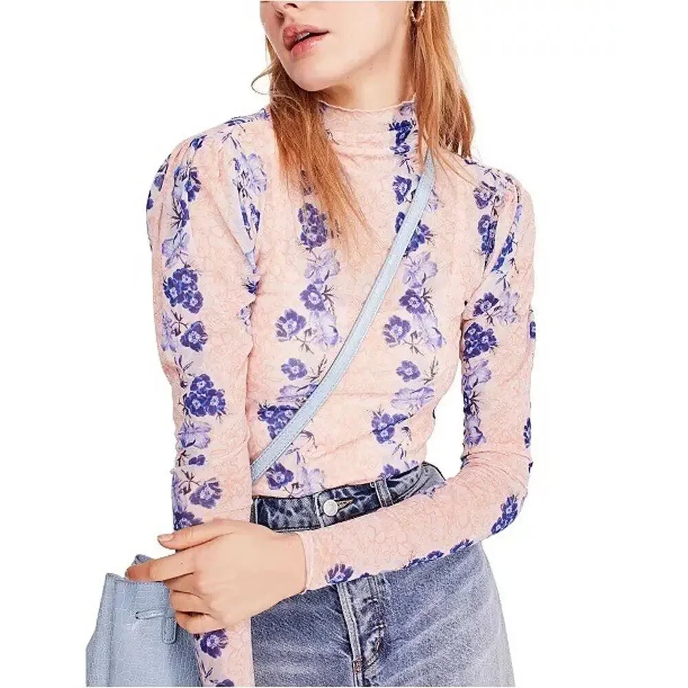 Free People Amber Semi Sheer Floral Print Mock Neck Top Womens Sz XS Boho Retro